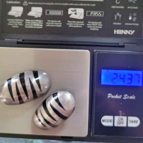 Vintage Luxe Statement Tiger-Stripe Onyx 925 Silver Clip-On Earrings Retro Chic - Picture 5 of 9